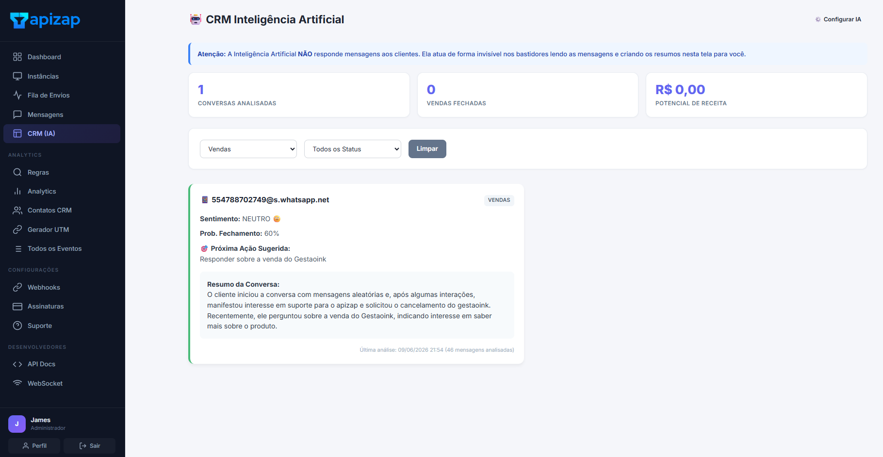 Painel do Apizap com Resumo de IA das conversas
